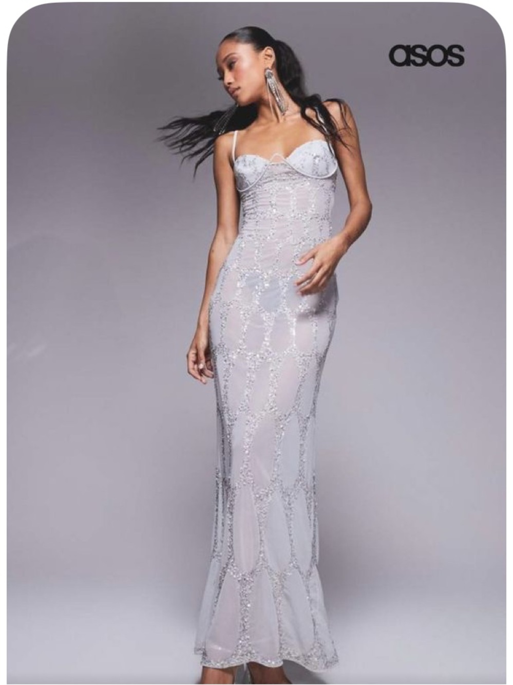 ASOS Design all over embellished Sequin Sheer Sweatheart Maxi Dress Silver Gray